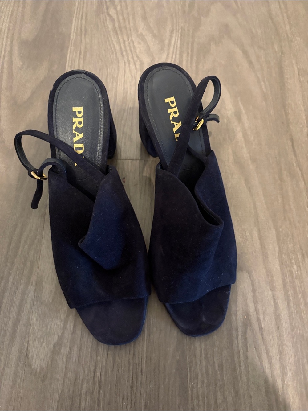 Prada Navy Suede Slingback Heels with Draped Front
